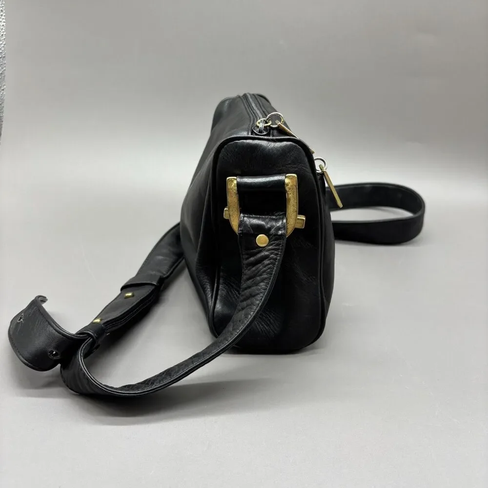 Vintage DKNY Donna Karan New York Black Leather Crossbody Bag Korea Brass '90s